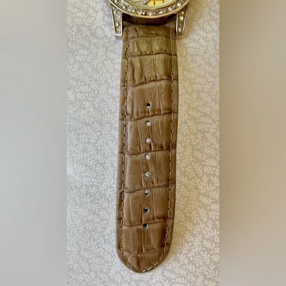Chico's Running Tan Leather Strap Watch with Rhinestones Silver White Gold 9